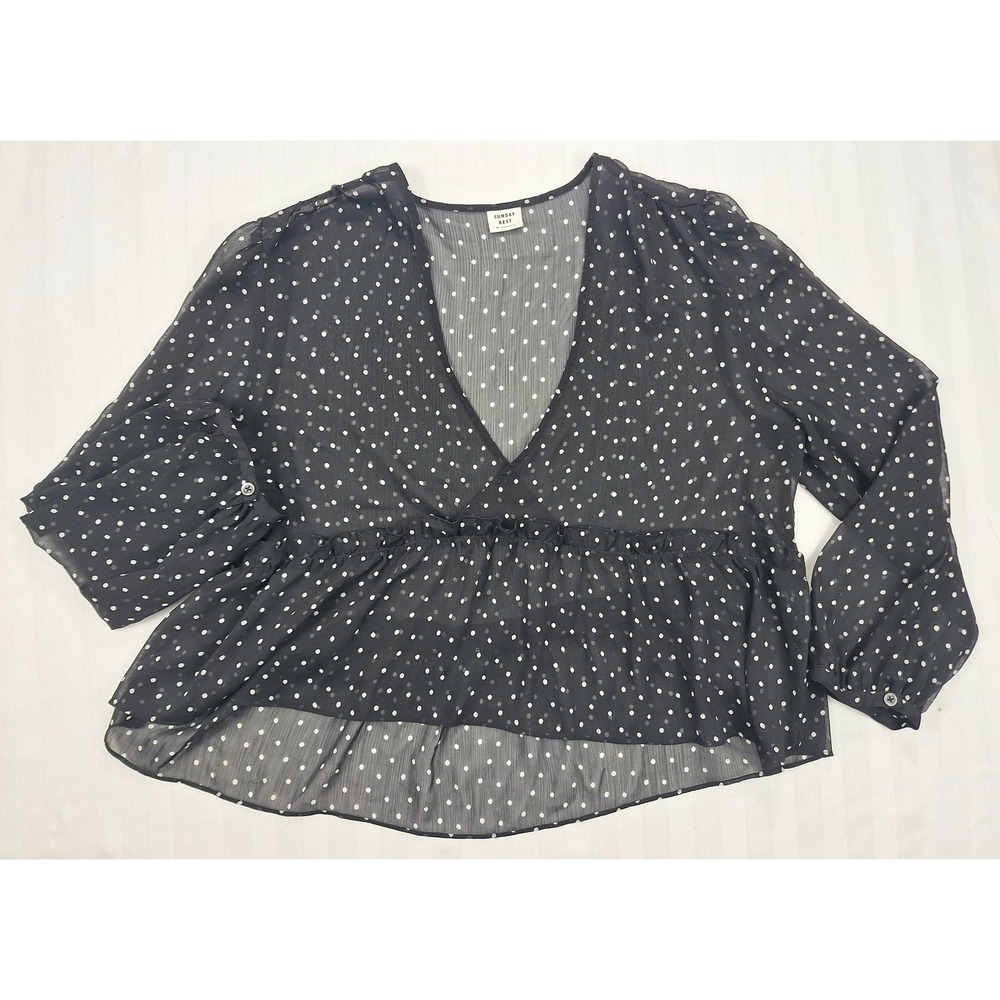 Sunday Best Aritzia Black Polka Dot Sheer Peplum V-Neck Blouse Medium